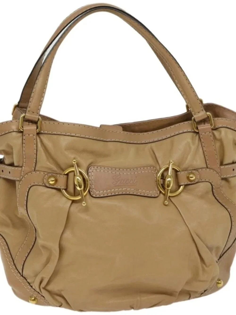 GUCCI Horsebit Shoulder Bag Leather Beige 203546 Auth fm3198